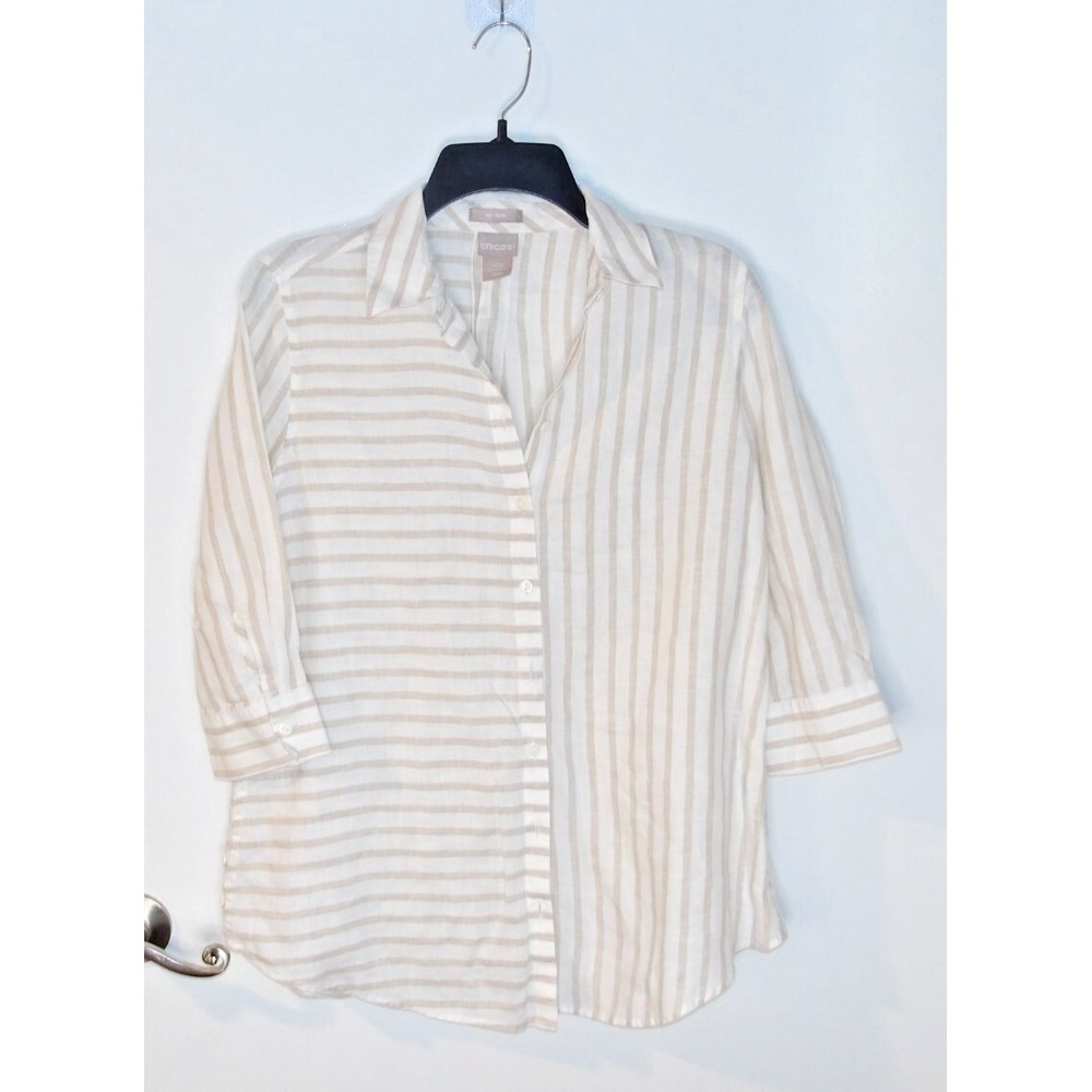 Chico's White/Tan Linen 3/4 Sleeve‎ Button Shirt Women's Size 00P